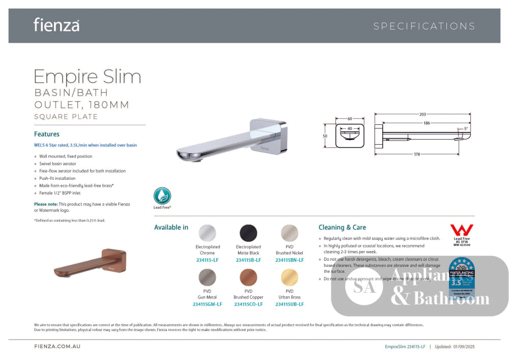 Fienza 234115BN-LF Empire Slim Wall Basin/Bath Outlet 180mm Square Plate Lead Free Brushed Nickel - Wall Spouts