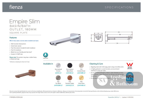 Fienza 234115GM-LF Empire Slim Wall Basin/Bath Outlet 180mm Square Plate Lead Free Gun Metal - Wall Spouts