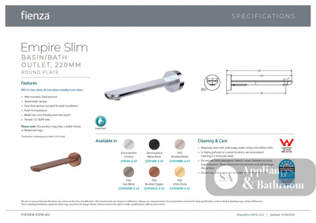 Fienza 234116BN-2-LF Empire Slim Wall Bath/Basin Outlet 220mm Round Plate Lead Free Brushed Nickel - Wall Spouts