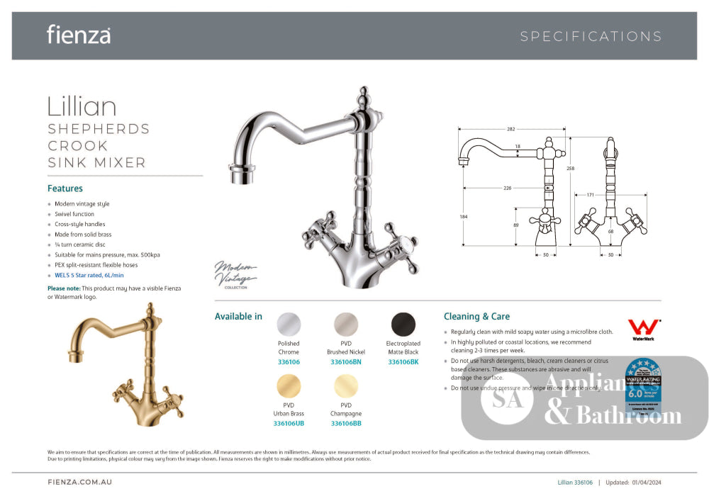 Fienza 336106 Lillian Shepherds Crook Sink Mixer Chrome - Kitchen Mixer Taps