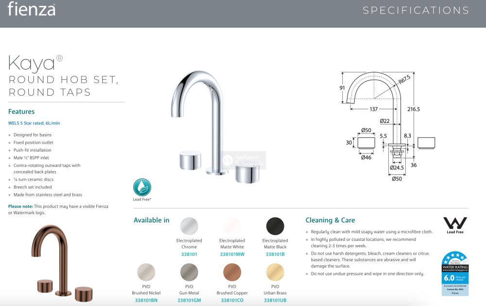 Fienza 338101MW-LF Kaya Round Hob Set Round Taps Matte White