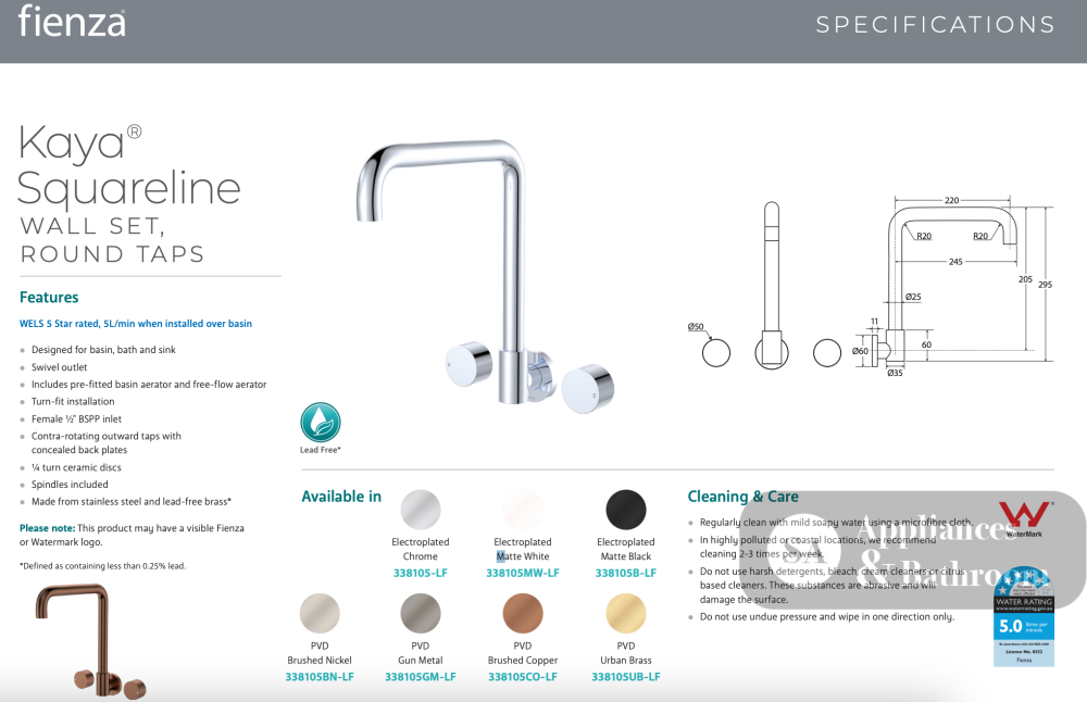 Fienza 338105BN-LF Kaya Squareline Wall Set Round Taps Brushed Nickel