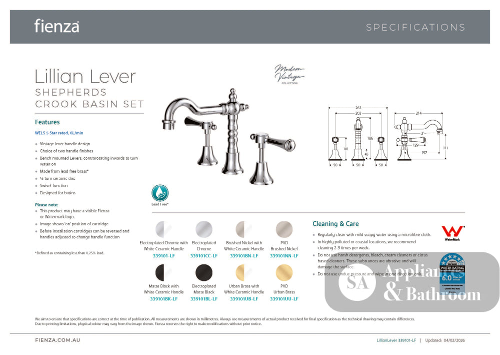 Fienza 339101BN-LF Lillian Shepherds Crook Lever Basin Set Brushed Nickel with White Ceramic Handle - Kitchen Mixer Taps