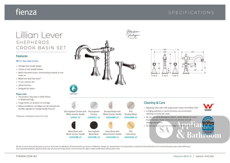 Fienza 339101NN-LF Lillian Shepherds Crook Lever Basin Set Brushed Nickel - Kitchen Mixer Taps