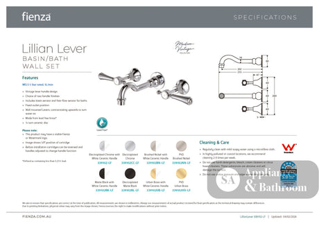 Fienza 339102BN Lillian Lever Basin Bath Wall Set Brushed Nickel with Ceramic White Handles - Tapware 3 Piece