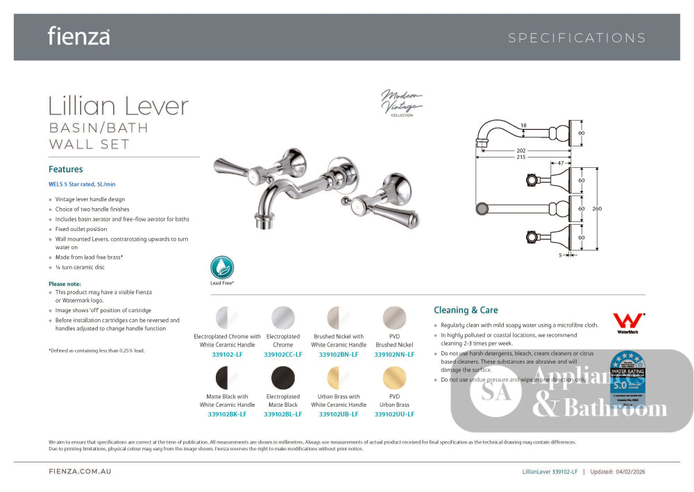 Fienza 339102NN-LF Lillian Lever Basin Bath Wall Set Brushed Nickel - Tapware 3 Piece