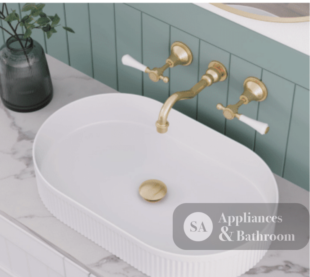 Fienza Lillian Lever Basin Bath Wall Set - Urban Brass with Ceramic White Handles Tapware 3 Piece