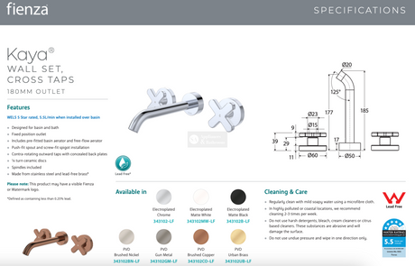 Fienza 343102BN-LF Kaya Wall Set Cross Taps 180mm Brushed Nickel