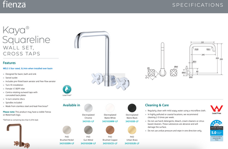 Fienza 343105-LF Kaya Squareline Wall Set Cross Taps Chrome