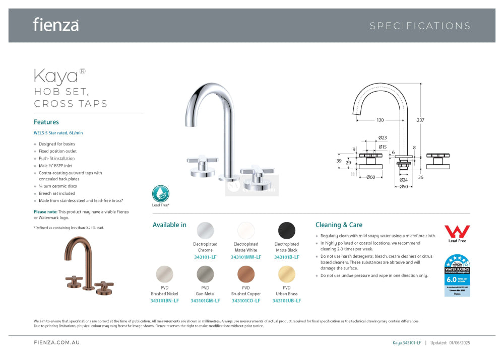 Fienza 344101CO-LF Kaya Round Hob Set Lever Taps Brushed Copper