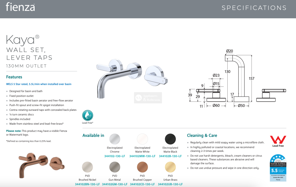 Fienza 344102BN-130-LF Kaya Wall Set Lever Taps 130mm Brushed Nickel