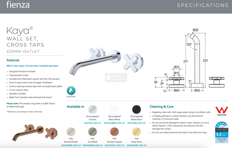 Fienza 344102BN-220-LF Kaya Wall Set Lever Taps 220mm Brushed Nickel