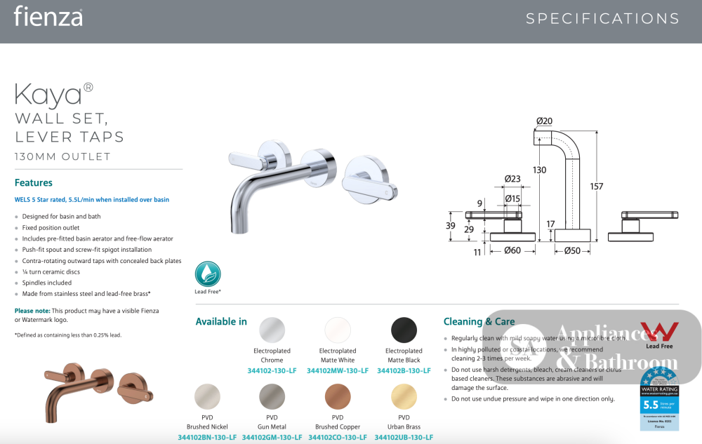 Fienza 344102MW-130-LF Kaya Wall Set Lever Taps 130mm Matte White