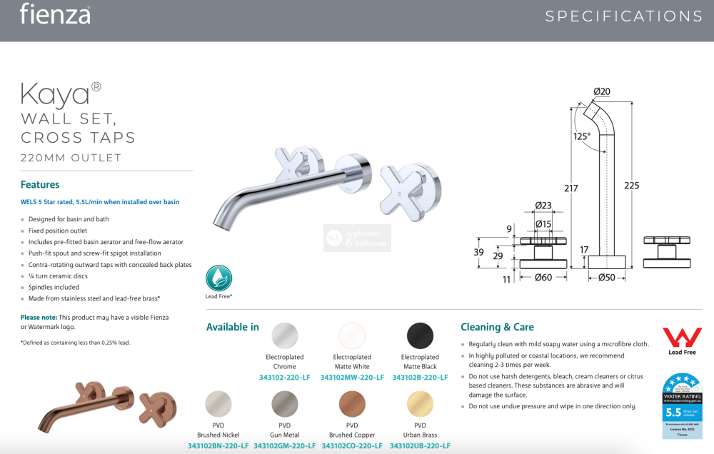 Fienza 344102MW-220-LF Kaya Wall Set Lever Taps 220mm Matte White