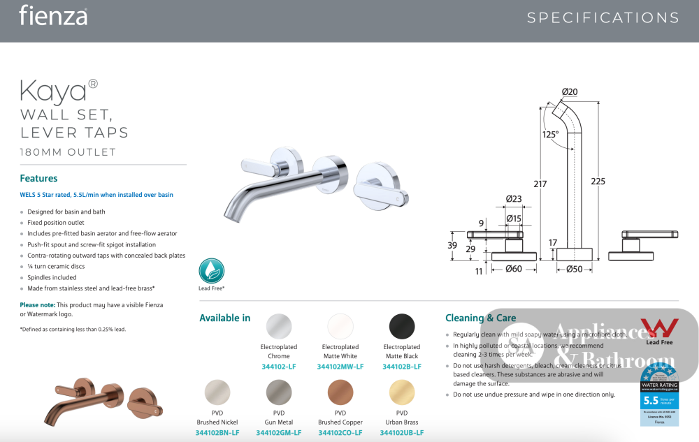 Fienza 344102UB-LF Kaya Wall Set Lever Taps 180mm Urban Brass