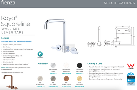 Fienza 344105-LF Kaya Squareline Wall Set Lever Taps Chrome