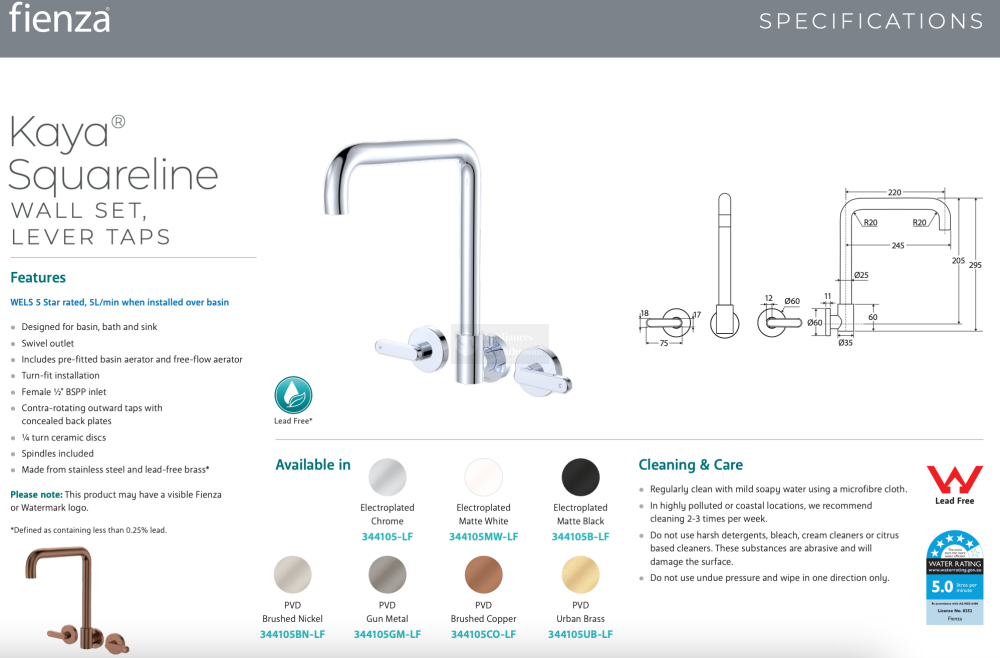 Fienza 344105BN-LF Kaya Squareline Wall Set Lever Taps Brushed Nickel