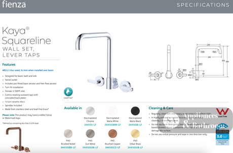 Fienza 344105CO-LF Kaya Squareline Wall Set Lever Taps Brushed Copper