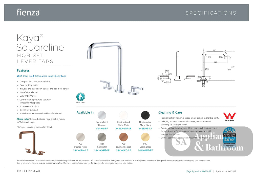 Fienza 344106B-LF Kaya Squareline Hob Set Lever Taps Matte Black