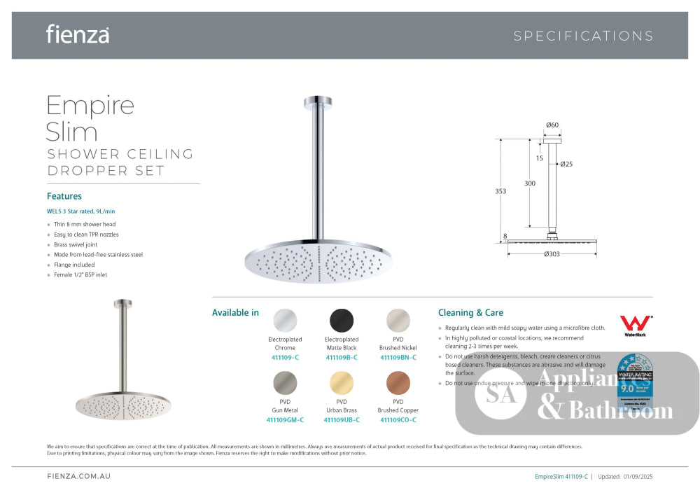 Fienza 411109-C Empire Slim Shower Ceiling Dropper Set Chrome - Ceiling Shower Set