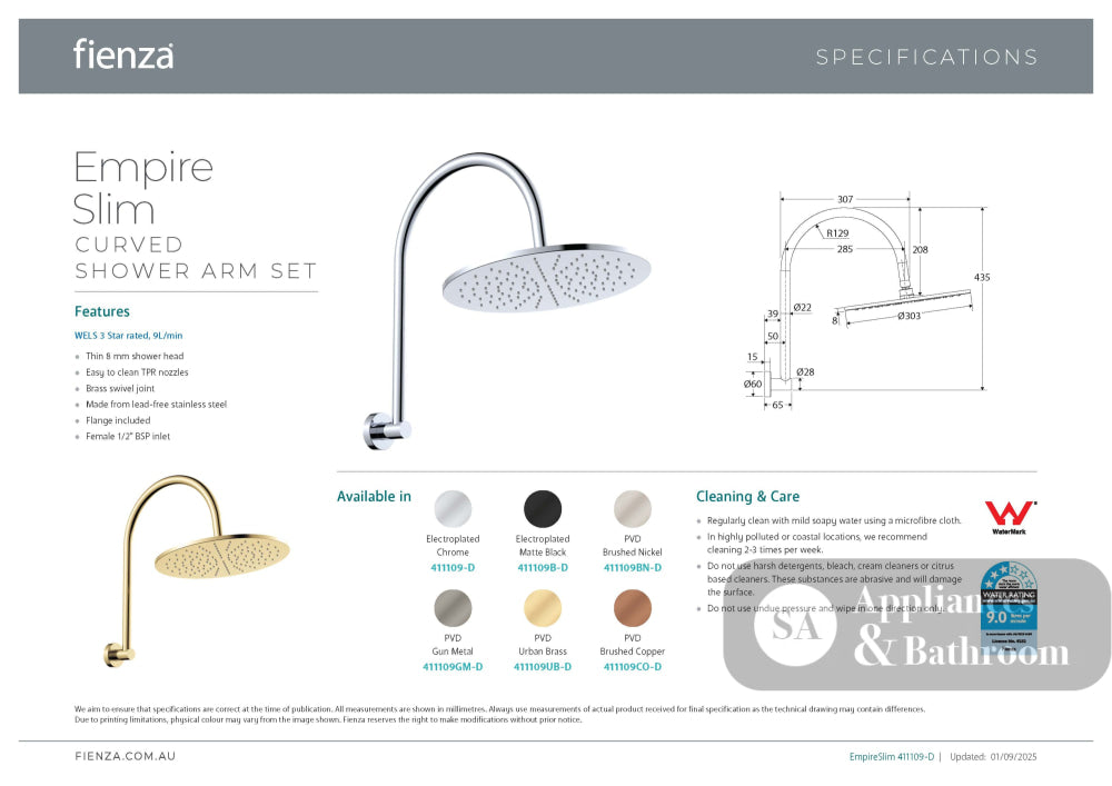 Fienza 411109-D Empire Slim Curved Shower Arm Set Chrome - Wall Arm Showers