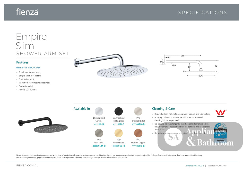 Fienza 411109CO-B Empire Slim Shower Arm Set Brushed Copper - Wall Arm Shower