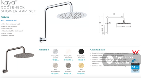 Fienza 411125MW-A Kaya Goosneck Shower Arm Set Matte White - Wall Arm Shower