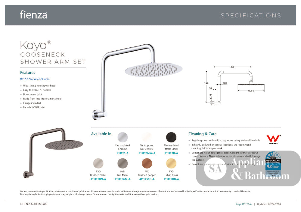 Fienza 411125MW-A Kaya Goosneck Shower Arm Set Matte White - Wall Arm Shower