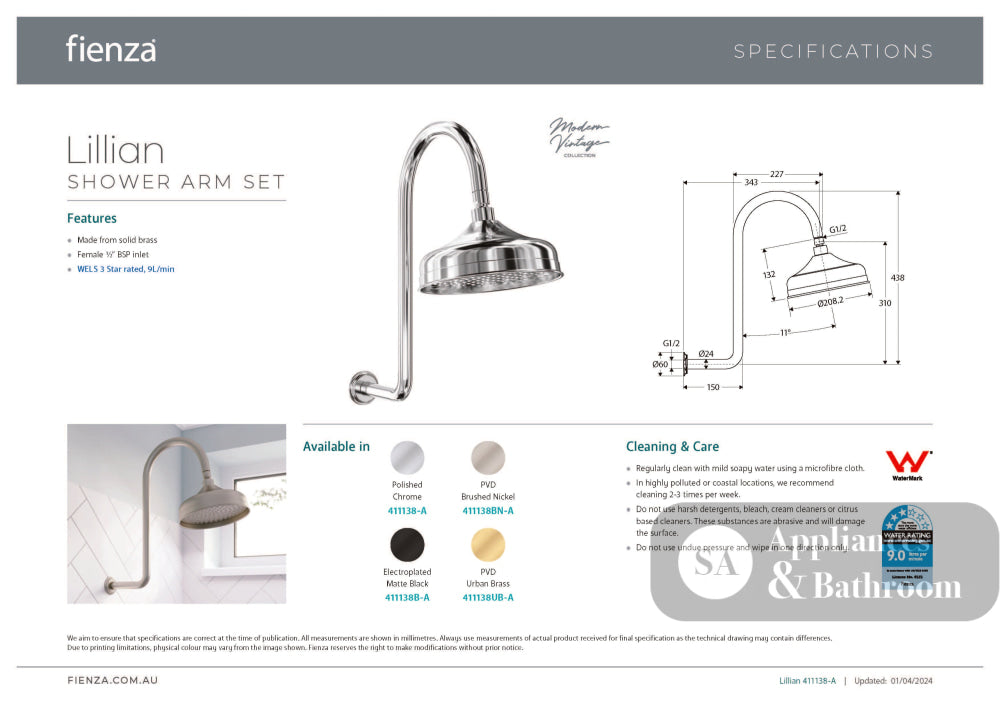 Fienza 411138-A Lillian Wall Arm Shower Set Chrome - Wall Arm Showers