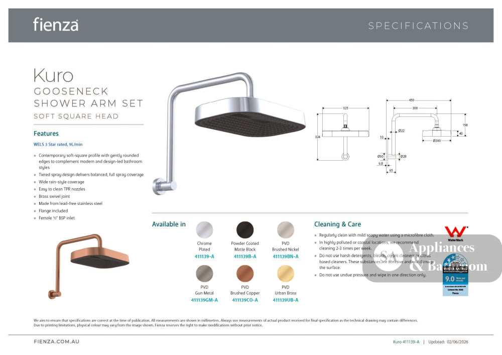 Fienza 411139-A Kuro Gooseneck Shower Arm Set Soft Square Head Chrome