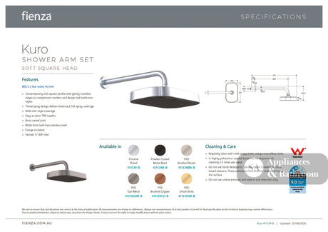 Fienza 411139-B Kuro Shower Arm Set Soft Square Head Chrome
