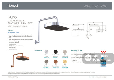 Fienza 411139B-A Kuro Gooseneck Shower Arm Set Soft Square Head Matte Black