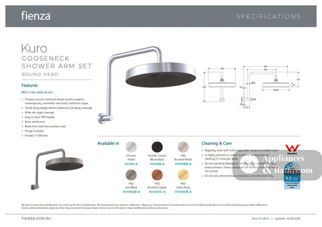 Fienza 411140-A Kuro Gooseneck Shower Arm Set Round Head Chrome