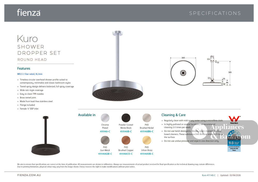 Fienza 411140-C Kuro Shower Dropper Set Round Head Chrome