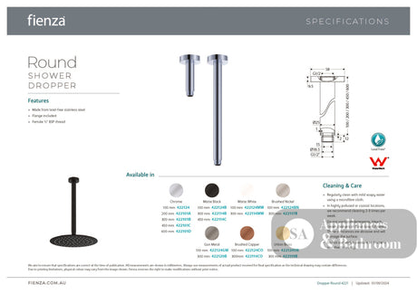 Fienza 422114CO Kaya Round Shower Dropper Brushed Copper - Shower Ceiling Arms