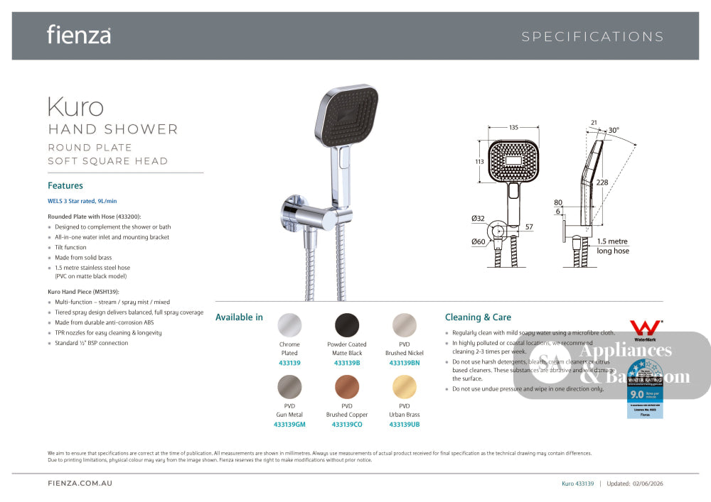 Fienza 433139CO Kuro Hand Shower Round Plate Soft Square Head Brushed Copper