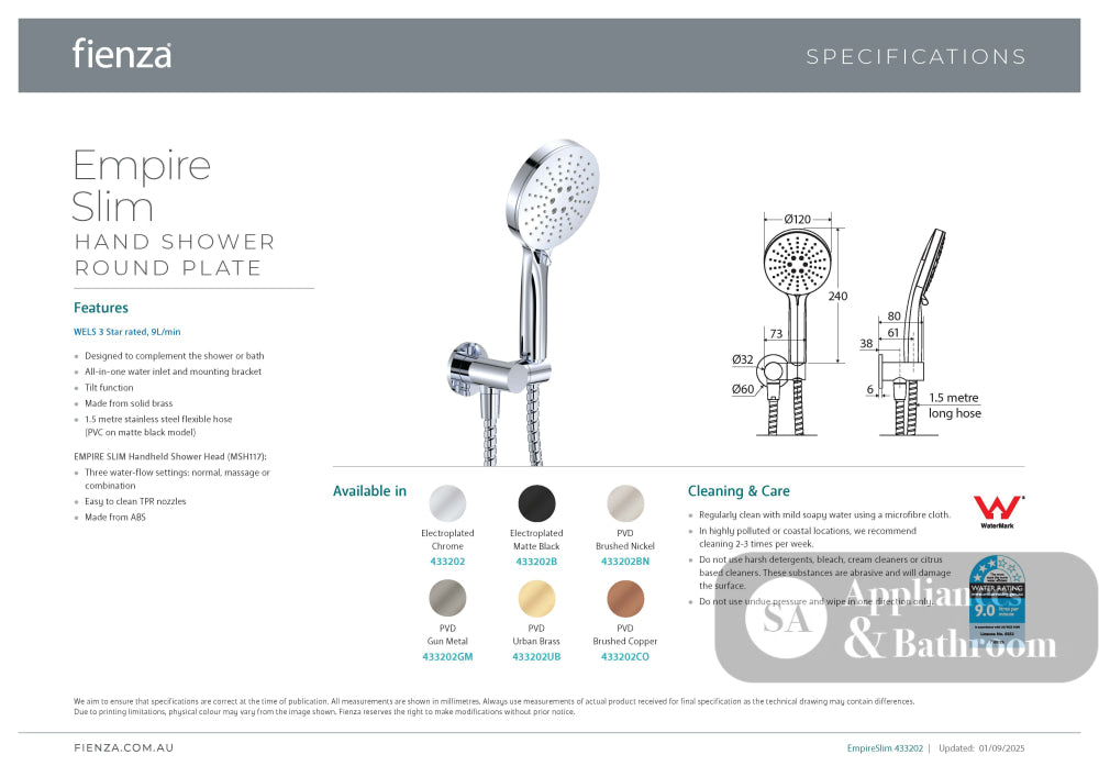 Fienza 433202 Empire Slim Hand Shower Round Plate Chrome - Hand Showers