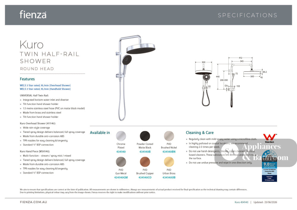 Fienza 434140 Kuro Twin Half-Rail Shower Soft Square Head Chrome