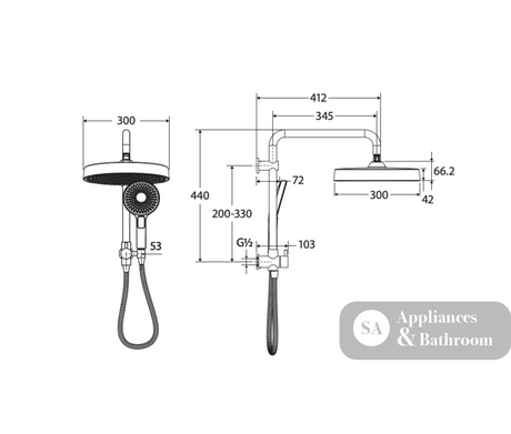 Fienza 434140GM Kuro Twin Half-Rail Shower Soft Square Head Gun Metal