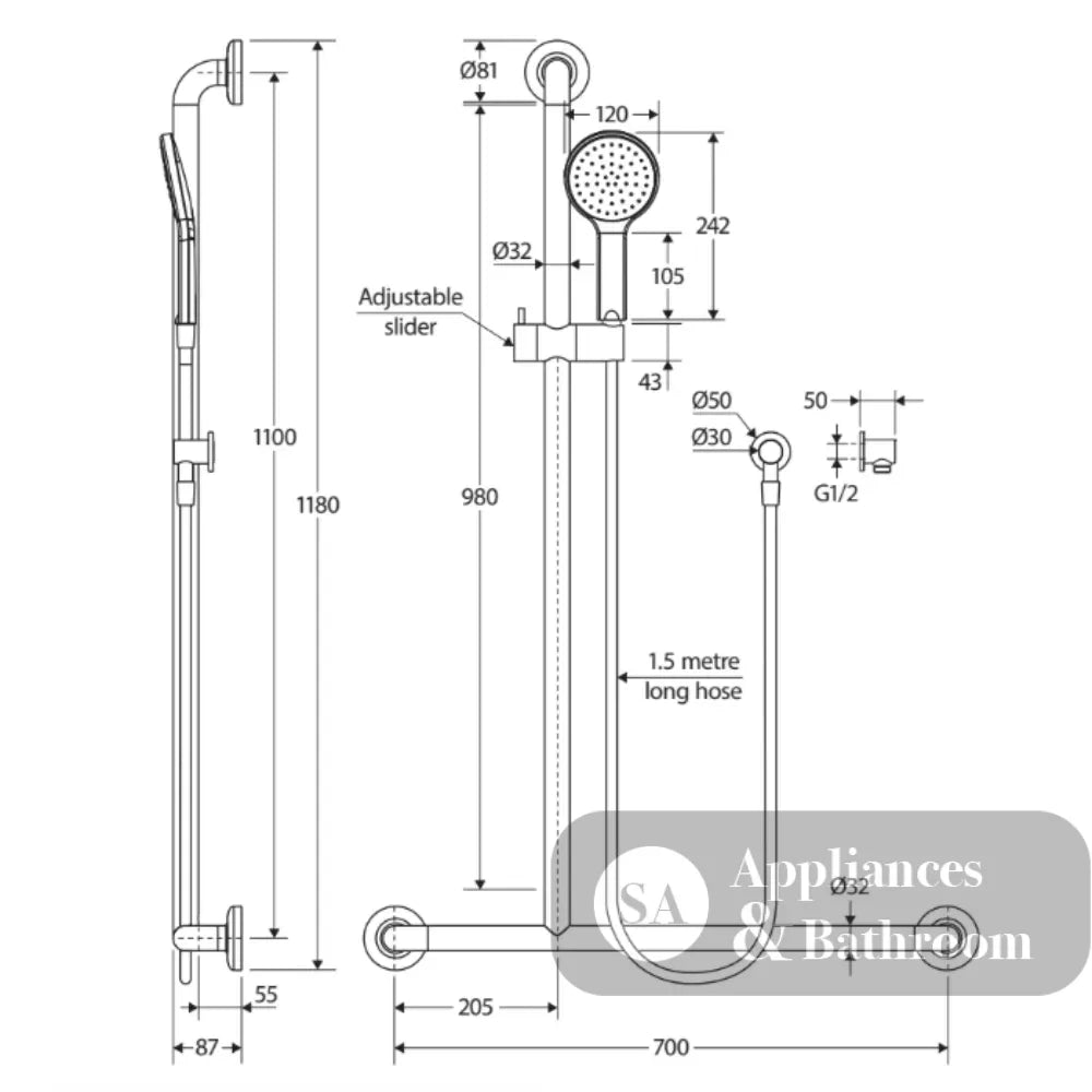 Fienza 444113BRH Hustle Care Right Hand Inverted T Rail Shower Matte Black - Rail Shower