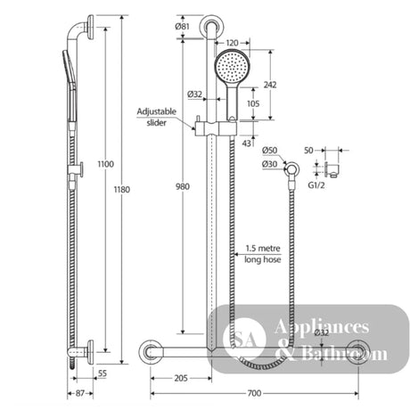 Fienza 444113LH Luciana Care Chrome Left Hand Inverted T Rail Shower - Rail Shower