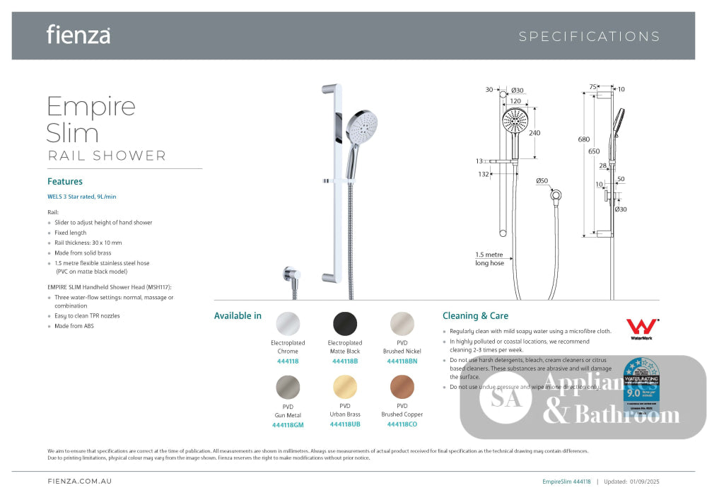 Fienza 444118GM Empire Slim Rail Shower Gun Metal - Rail Showers