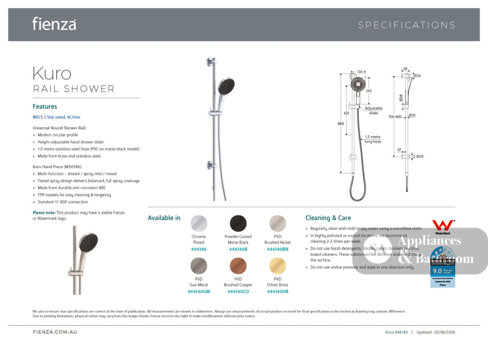 Fienza 444140B Kuro Rail Shower Round Matte Black