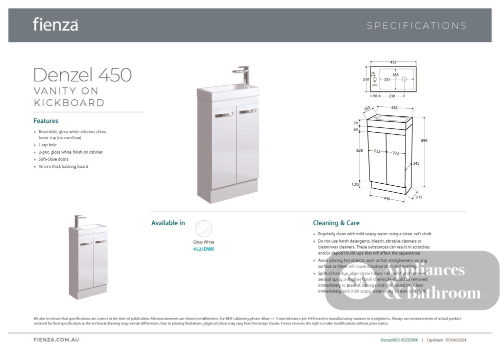 Fienza 4525DWK Denzel 450 Vanity on Kickboard - Vanity Units