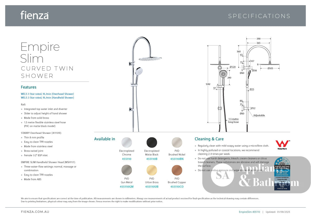 Fienza 455110 Empire Slim Curved Twin Shower Chrome - Twin Showers