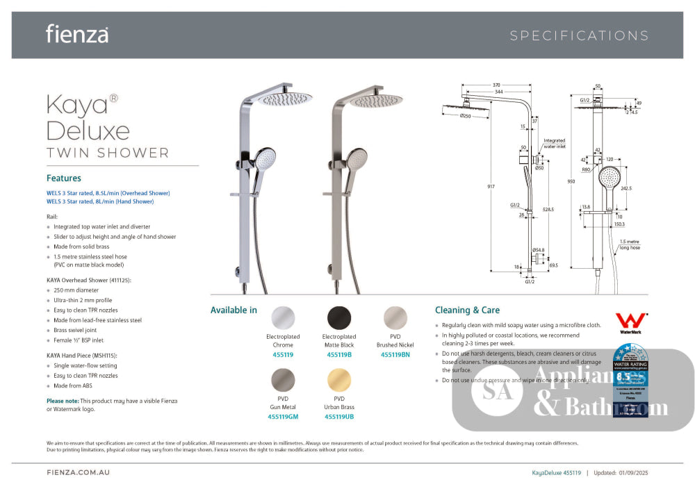 Fienza 455119B Kaya Deluxe Twin Shower Matte Black - Twin Showers