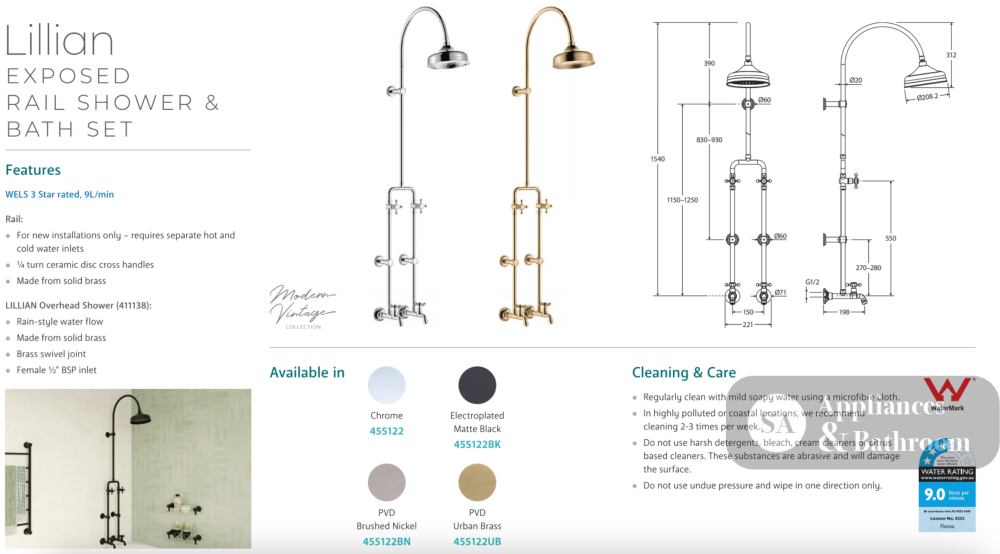 Fienza 455122UB Lillian Exposed Rail Shower & Bath Set Urban Brass - Showers