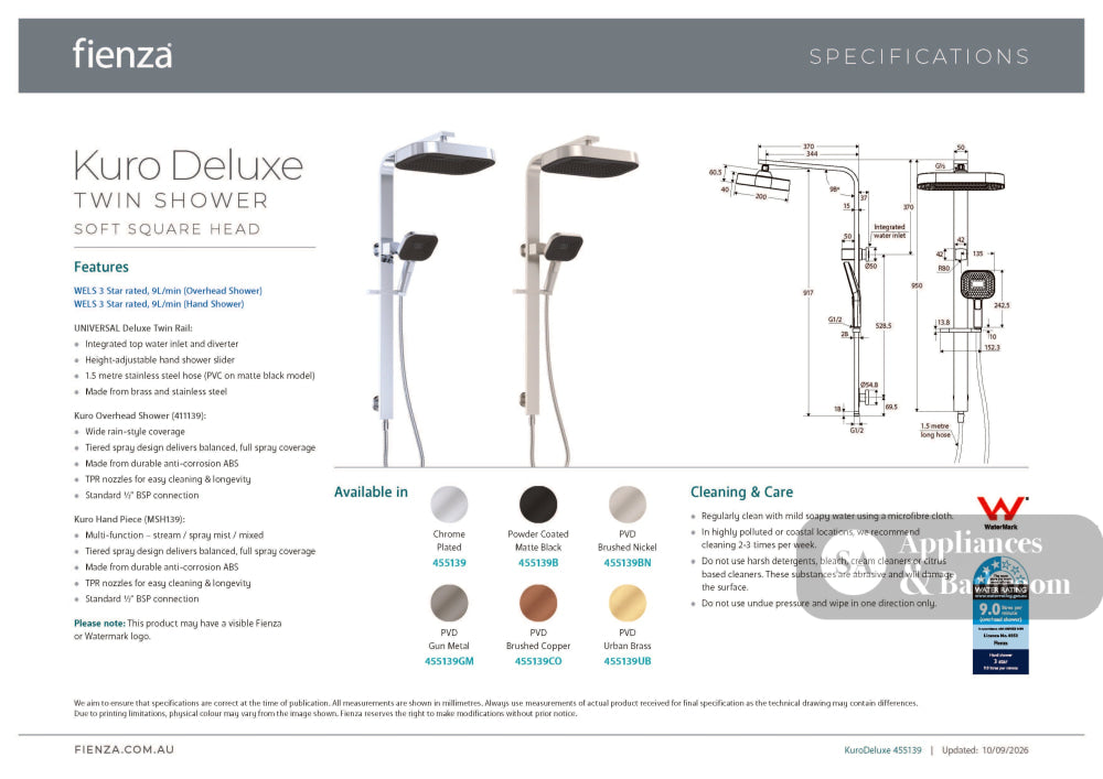 Fienza 455139 Kuro Deluxe Twin Shower Soft Square Head Chrome