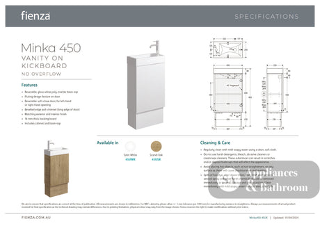 Fienza 45USK Minka 450 Vanity on Kickboard No Overflow Scandi Oak - Vanity Units