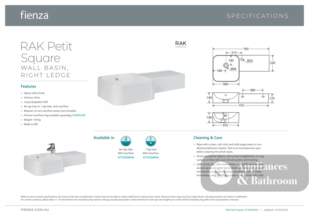 Fienza 47700AWHA RAK Petit Square Wall Basin Right Edge No Tap Hole Alpine White - Basins